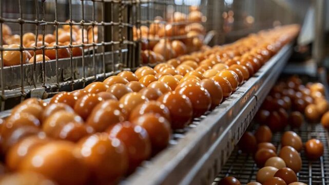 Brown eggs are carefully arranged on a mechanized conveyor belt in a busy poultry farm facility, a key stage in large-scale egg processing and agricultural manufacture, overseen by a farmer