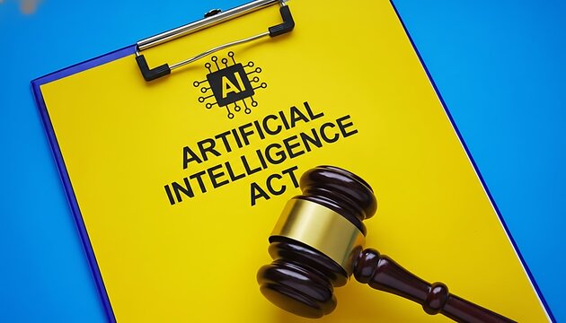 Gavel judge's courtroom with artificial intelligence act document yellow background, legal technology concept, digital law, AI regulation featuring court, AI, justice with legislation and clipboard