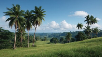 Serene Tropical Landscape with Lush Green Hills, Vibrant Palm Trees, and Clear Blue Skies in a Peaceful Natural Setting