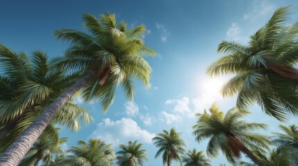 Obraz premium Lush Green Palm Trees Under Bright Blue Sky with Sunlight and Soft Clouds, Ideal for Tropical Scenery and Vacation Themes, Nature Background