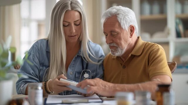 Caring granddaughter assists her elderly grandfather in setting up telephone, offering guidance and reassurance in warm, familial living area filled with loved ones' memories and traditional comforts
