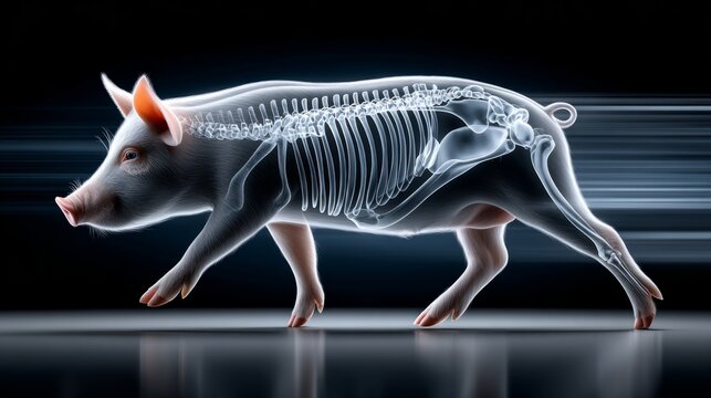 A pig with an x-ray effect highlighting internal organs and bones for research