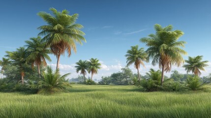 Naklejka premium Lush Green Landscape with Tall Palm Trees Against a Clear Blue Sky and Gentle Clouds in a Tropical Setting Perfect for Nature Photography