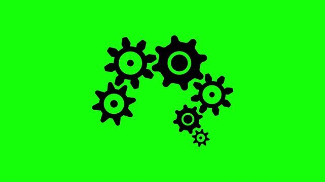 Cogwheels spinning animation motion graphic on green screen. Gears running 4k video to use for technology, business, mechanics, engineering animation projects. 