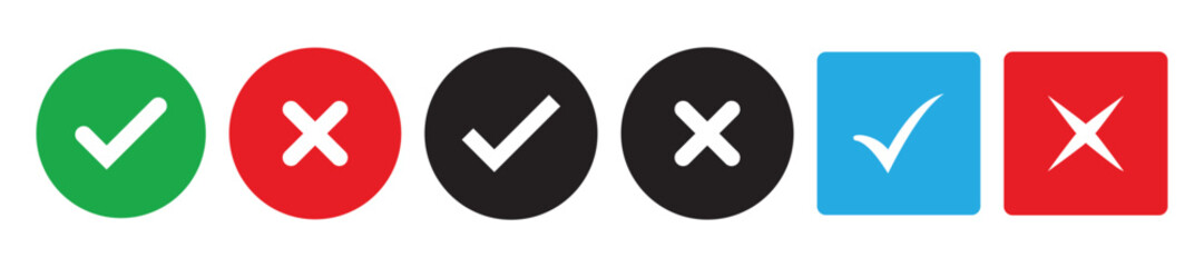 Sharp green checkmark and red cross on isolated white background vector symbol for right and wrong choices. Modern flat design, Checkmark icon set. Checkmark right symbol tick sign © Adobe boss
