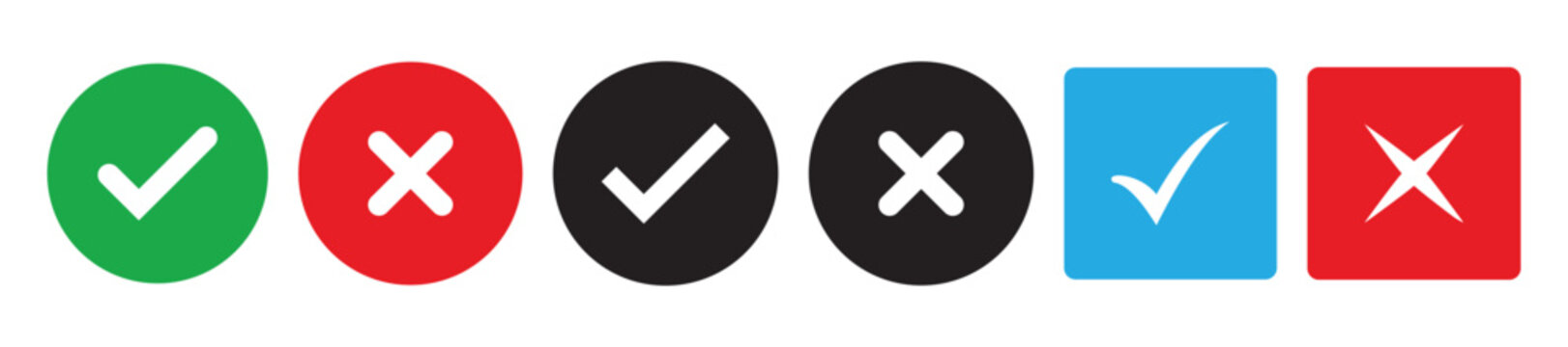 Sharp green checkmark and red cross on isolated white background vector symbol for right and wrong choices. Modern flat design, Checkmark icon set. Checkmark right symbol tick sign