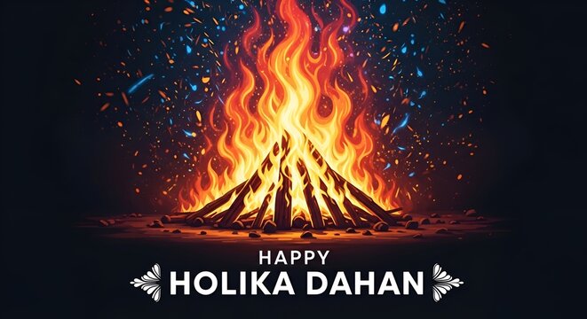 Vibrant and colorful watercolor painting of a large bonfire at night for holika dahan