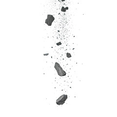Fototapeta premium Falling charcoal pieces and dust particles isolated on a clean white background, creating a dynamic and abstract composition.