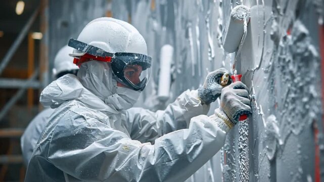 Construction worker, clad in safety attire, meticulously coats wall with white paint, wearing helmet and goggles, striving for flawless finish on a bustling construction site with activity all around