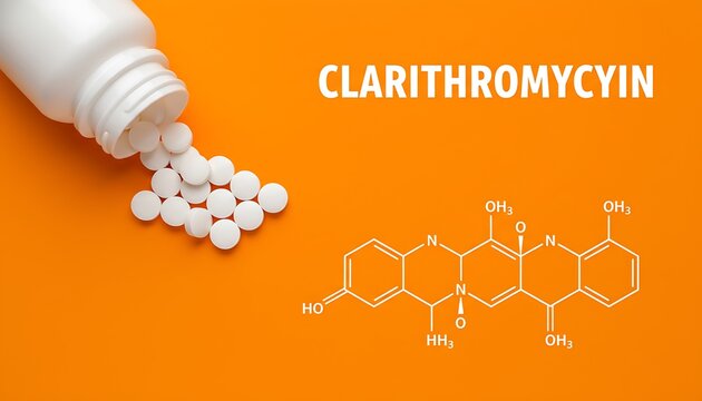Pills white round scattered from bottle with chemical structure of clarithromycin on orange background featuring antibiotic, medication, healthcare with pharmacy and medicine elements for