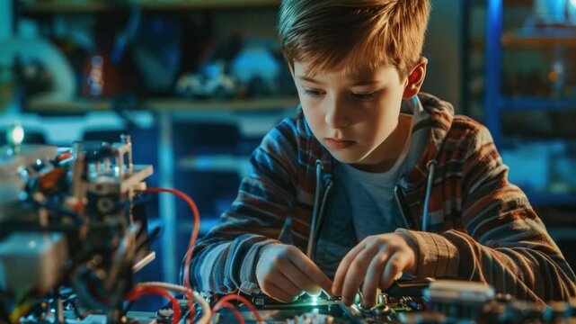  A young boy intently focused, crafting and assembling a complex electronic project, showcasing a dedication to learning and technological creativity. 