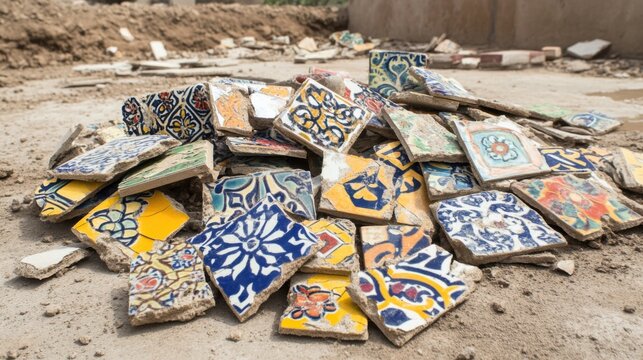 A vibrant collection of intricately patterned ceramic tile fragments scattered randomly on dusty ground, showcasing a mosaic of colors and designs.