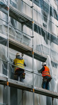 Construction site workers clad in safety vests and helmets stand on scaffolding, carefully attaching protective plastic sheeting to a building's facade undergoing repair