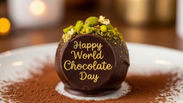 Chocolate dessert with happy world chocolate day message on top of cocoa powder