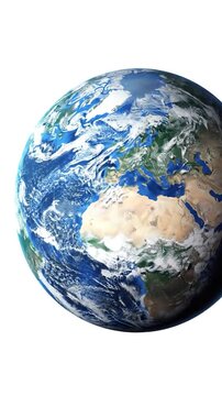 Vibrant blue and green planet Earth rotating slowly on a clean white background