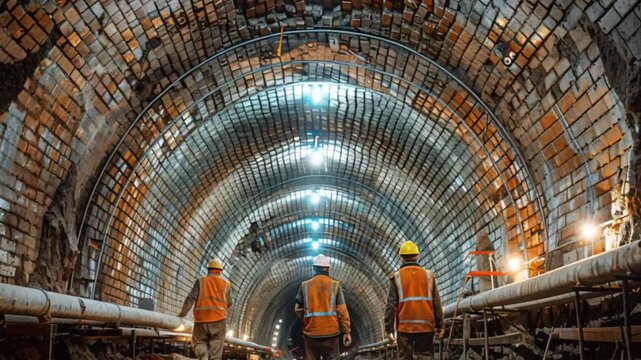 Construction workers clad in safety vests and hard hats meticulously inspect a well-illuminated brick tunnel's architecture, utilizing industry equipment in an urban nighttime setting