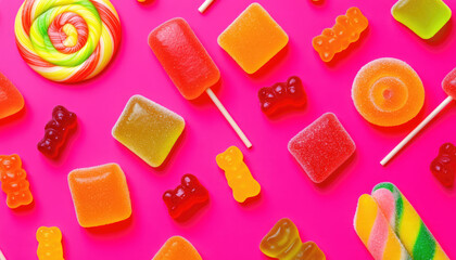 Vibrant flat lay pattern of mixed colorful sweets lollipops and gummy bears on a bright pink background.