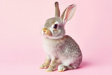 Fototapeta premium Adorable baby rabbit sitting on pink background exhibiting charming behavior