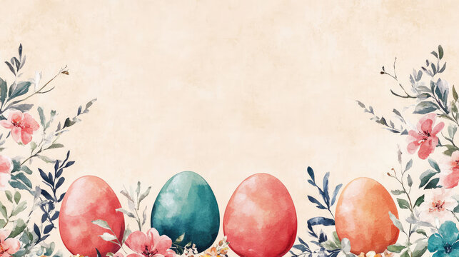 Vintage watercolor easter eggs and floral border on beige background with copy space