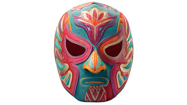 Colorful Mexican lucha libre wrestling mask, vibrant turquoise, pink, orange, and yellow design, for mockup or overlay effect, Isolated on transparent background, png