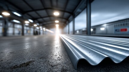 Obraz premium Metal sheets laid on the ground in an industrial space with lights in the background