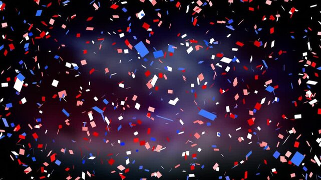 Animation of multi coloured confetti falling over clouds background