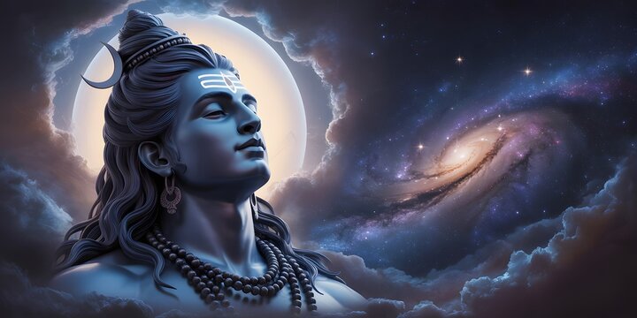 Lord Shiva Cosmic Portrait with Galaxy Background, Hindu God Mahadev Spiritual Illustration, Divine Meditation, Mythology Art, Sacred Energy, and Celestial Universe Concept