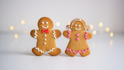 Naklejka premium Gingerbread man and woman cookies with icing and warm bokeh lights