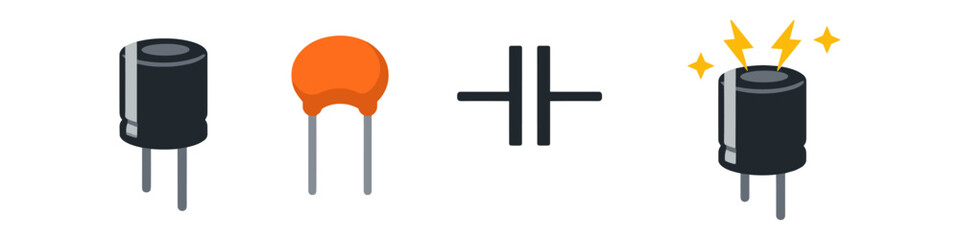 Various types of capacitors and their schematic symbol for electronics