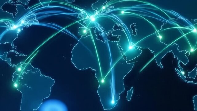 Global map illustrating a digital network connecting major cities and continents, with glowing fiber optics representing data transfer and high-speed internet connectivity