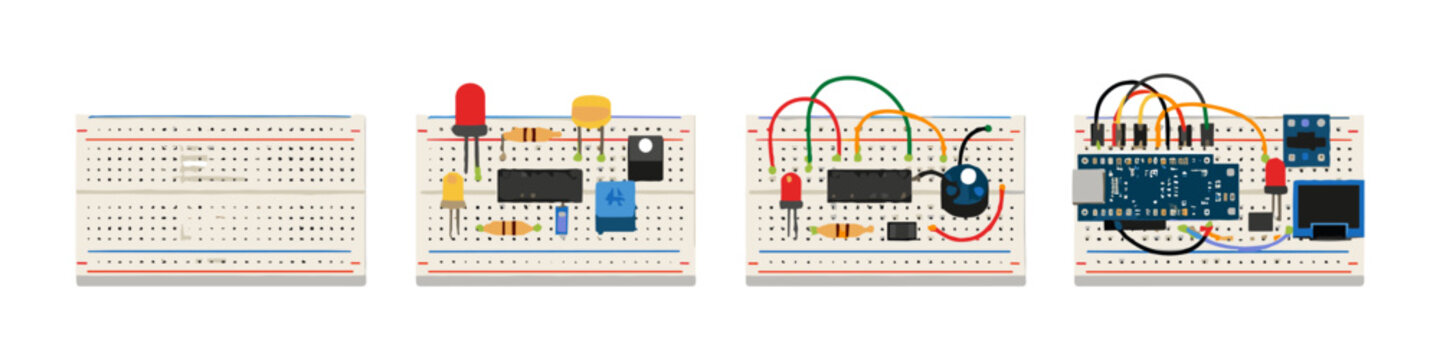Progression of electronic circuit assembly on breadboards from basic to complex