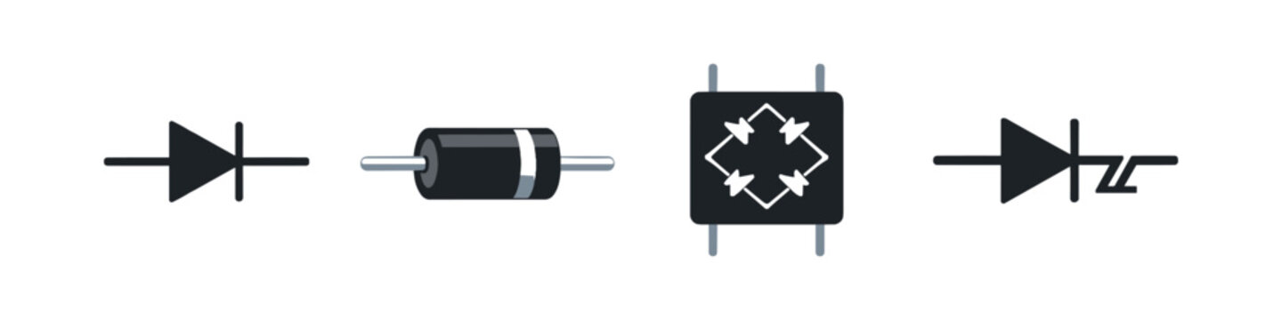 Collection of electronic diode symbols and a physical diode component