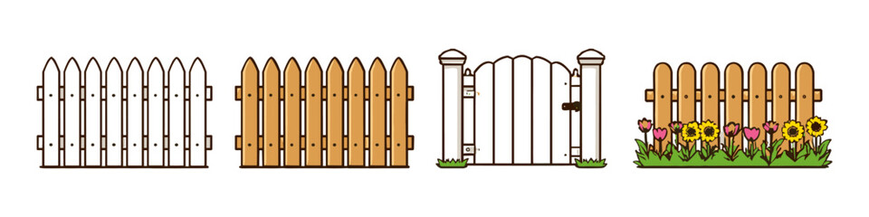 Collection of different picket fence styles and a garden gate with flowers