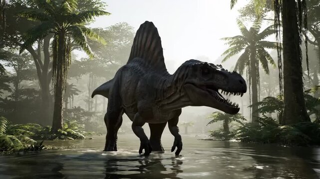 Realistic Spinosaurus Dinosaur Walking Through Jungle River in Lush Prehistoric Environment Wildlife Simulation Video