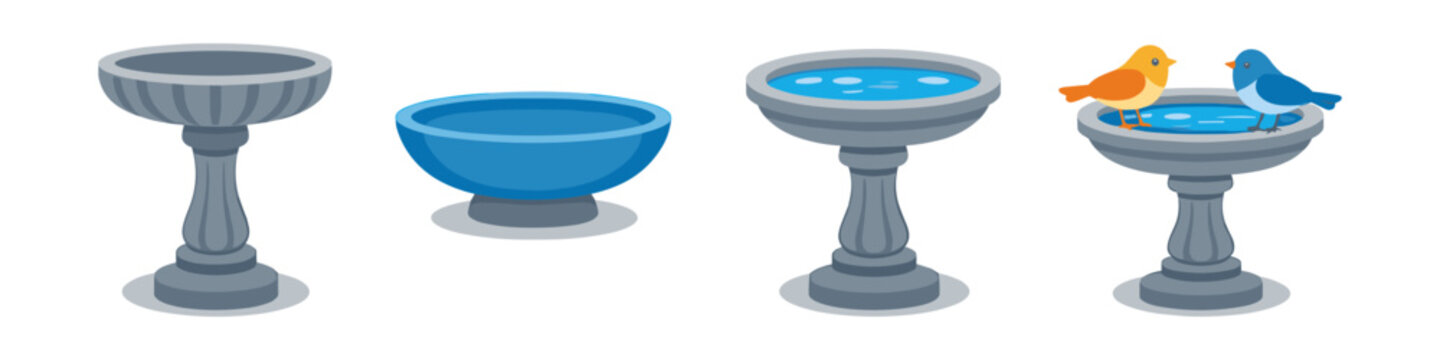 Collection of bird baths and garden fountains with birds enjoying the water