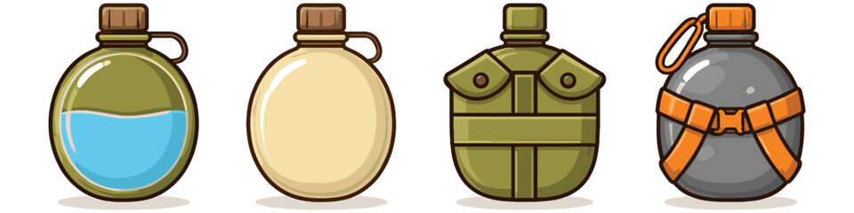 Collection of four distinct military-style water canteens with varied designs and colors