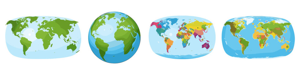 Collection of stylized world maps and globe illustrations in various projections