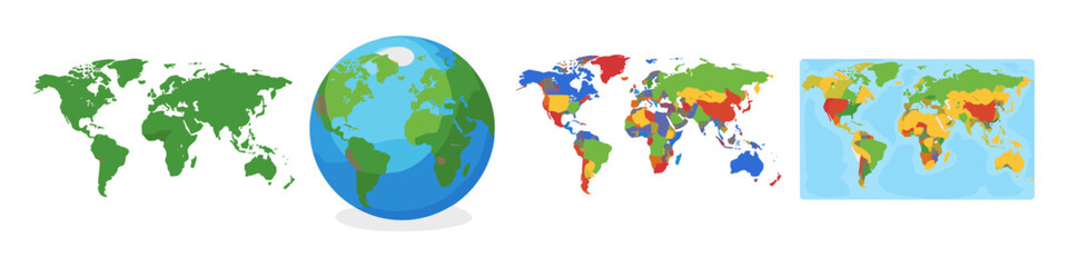 Fototapeta premium Collection of colorful world maps and a globe illustrating global geography and continents