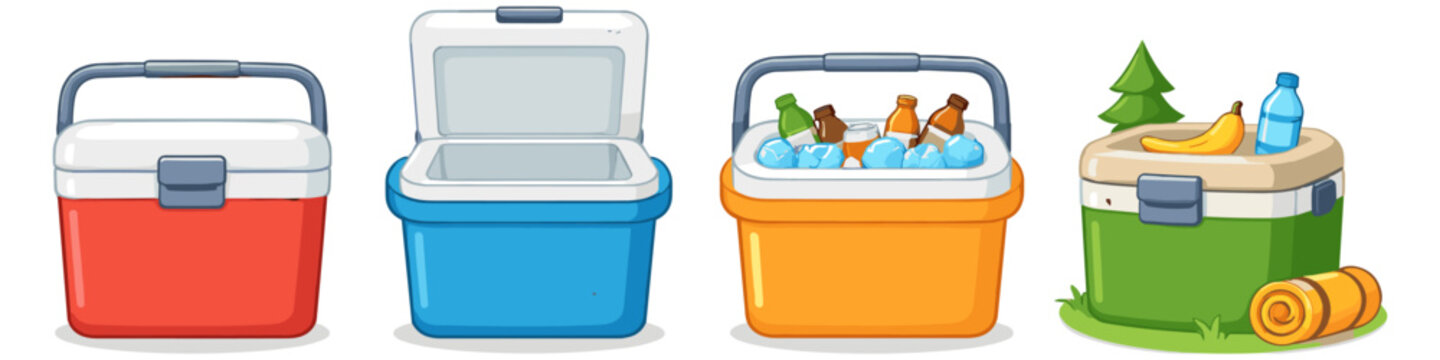 Collection of colorful portable coolers for outdoor adventures and picnics
