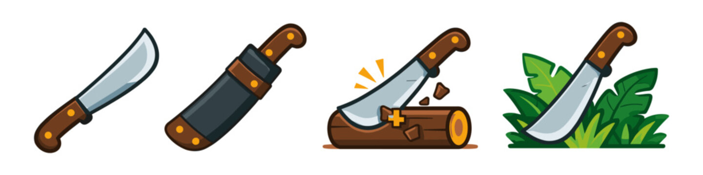 Set of cartoon machete icons showing different uses and accessories