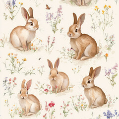 Fototapeta premium Cute rabbits surrounded by wildflowers in a soft and delicate seamless pattern ideal for spring and Easter decorations