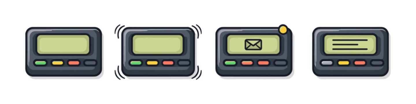 Set of four cartoon pagers showing different notification states and functions