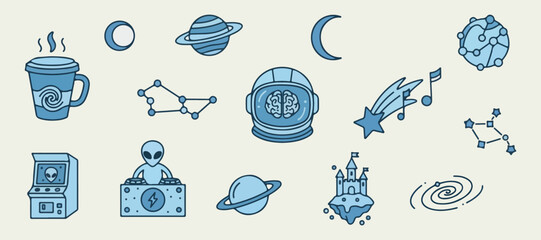 Space Icons Collection Blue, Planet Moon Rocket Saturn Clipart, Retro Space Illustration Set, Celestial Astronomy Elements, Vintage Galaxy Graphic, Cosmic Doodle Stickers, Blue Cream Space Art   © Geetaroy