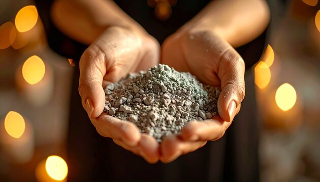Cinematic shot of priest hands with a bowl of ashes and gold cross necklace for Ash Wednesday