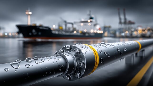 Industrial pipeline at a port used for oil and gas export and import within the global energy industry.