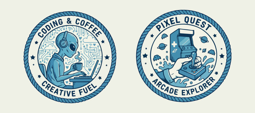 Coffee Pixel Arcade Badge, Retro Blue Vintage Emblem, Gaming Coffee Logo Design, Pixel Art Coffee Label, Retro Gamer Badge Clipart, Vintage Circle Stamp, Blue Cream Graphic Poster

