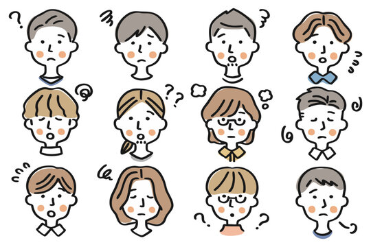 男性の顔のアイコンセット①困った表情