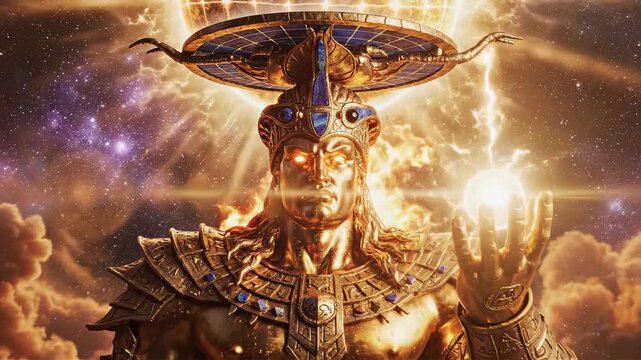 Golden man in ancient egyptian armor and sun disk headpiece, revealing cosmic energy in a celestial sky
