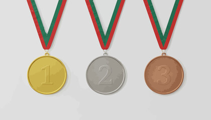 Three medals hanging from red and green ribbons, gold, silver, and bronze.