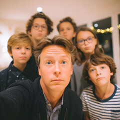 Obraz premium Father and his children take a candid group selfie with surprised expression indoors
